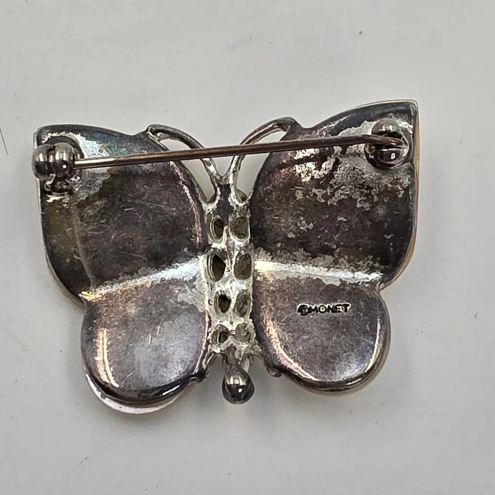 Monet Butterfly Brooch Mother of Pearl Rhinestone Silver Tone Vintage Pin
